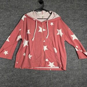 Live Well Star Print Hoodie Womens XL Pink Zip‎ Up Lightweight Lounge Sweatshirt